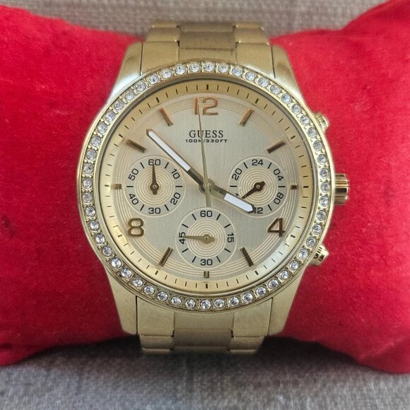 Guess Women Wristwatch Crystals Accent Bezel Gold Tone Multi Function Watch - Picture 1 of 12